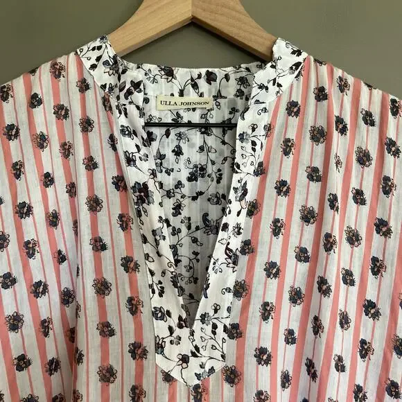 Ulla Johnson Selvi Printed Cotton Gauze Midi Dress Size 0 Pink White Floral Boho - Picture 7 of 16